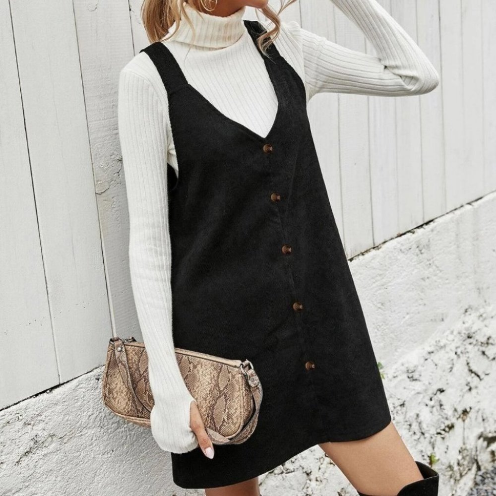black corduroy solid button front overall dress fall winter chic casual trending - Picture 2 of 6